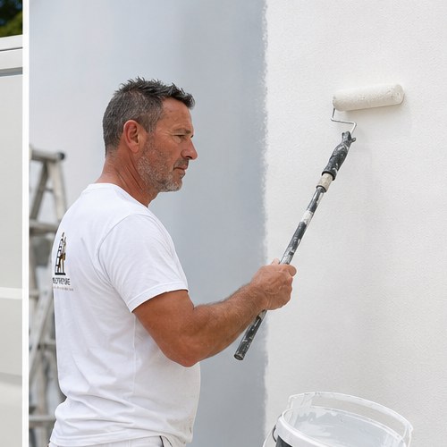Application de peinture au rouleau sur un mur intérieur à Lorient